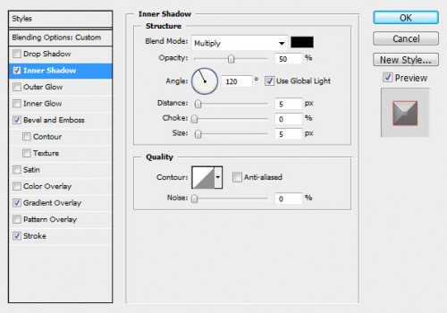 1 inner shadow 500x350 Create Awesome Particle Flame Text Effect in Photoshop